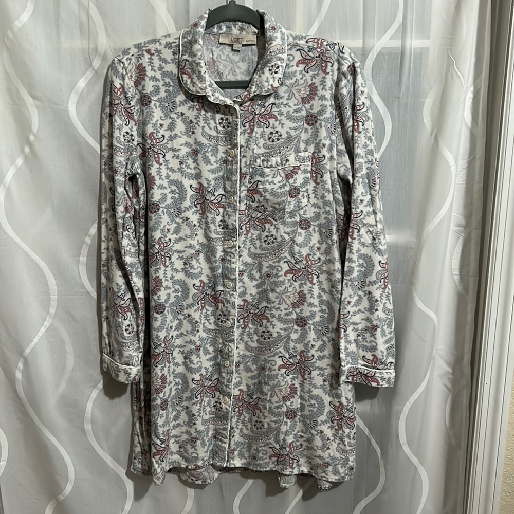 Loft Floral Print, Button Front, Flannel Sleepshirt, Size Small